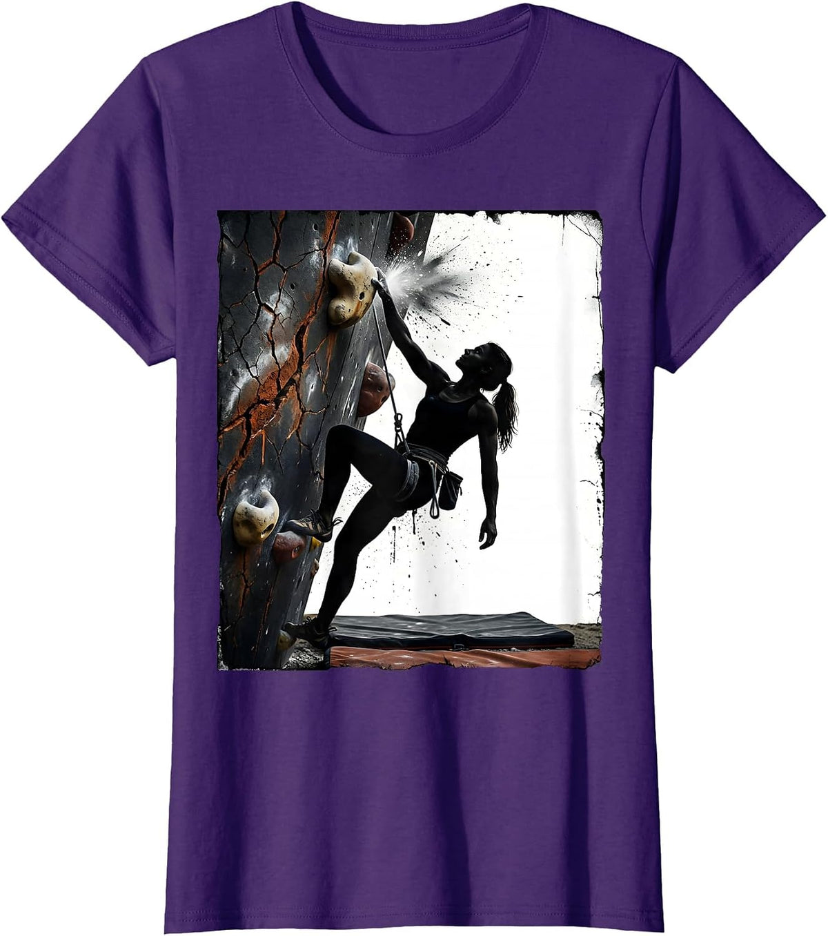 Women's Solid Woman Climber Distressed Bouldering Humor T-Shirt - Purple
