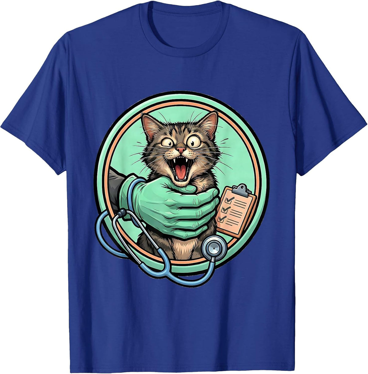 Cartoon Vet Tech Cat Restraint Pet Worker Humor T-Shirt - Royal Blue