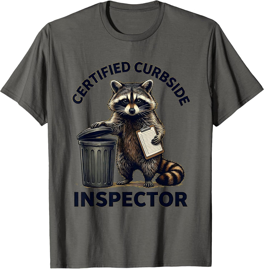Certified Curbside Inspector Funny Raccoon Trash Panda T-Shirt, Men, Asphalt Grey, Small - As Pictured