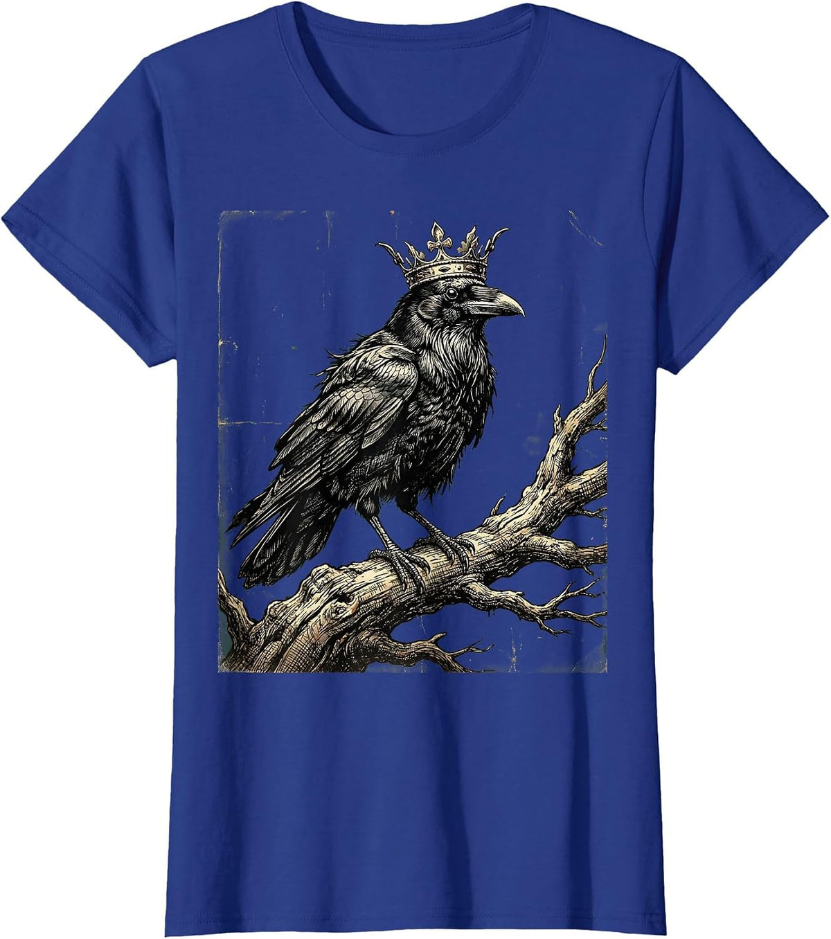 Women's Crow Wearing a Tiny Tattered Crown Illustration T-Shirt - Royal Blue