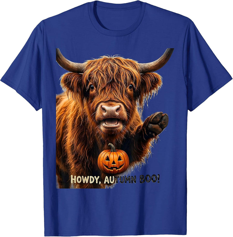 Howdy, Autumn Boo! Funny Highland Cow Fall Halloween Humor T-Shirt - Royal Blue