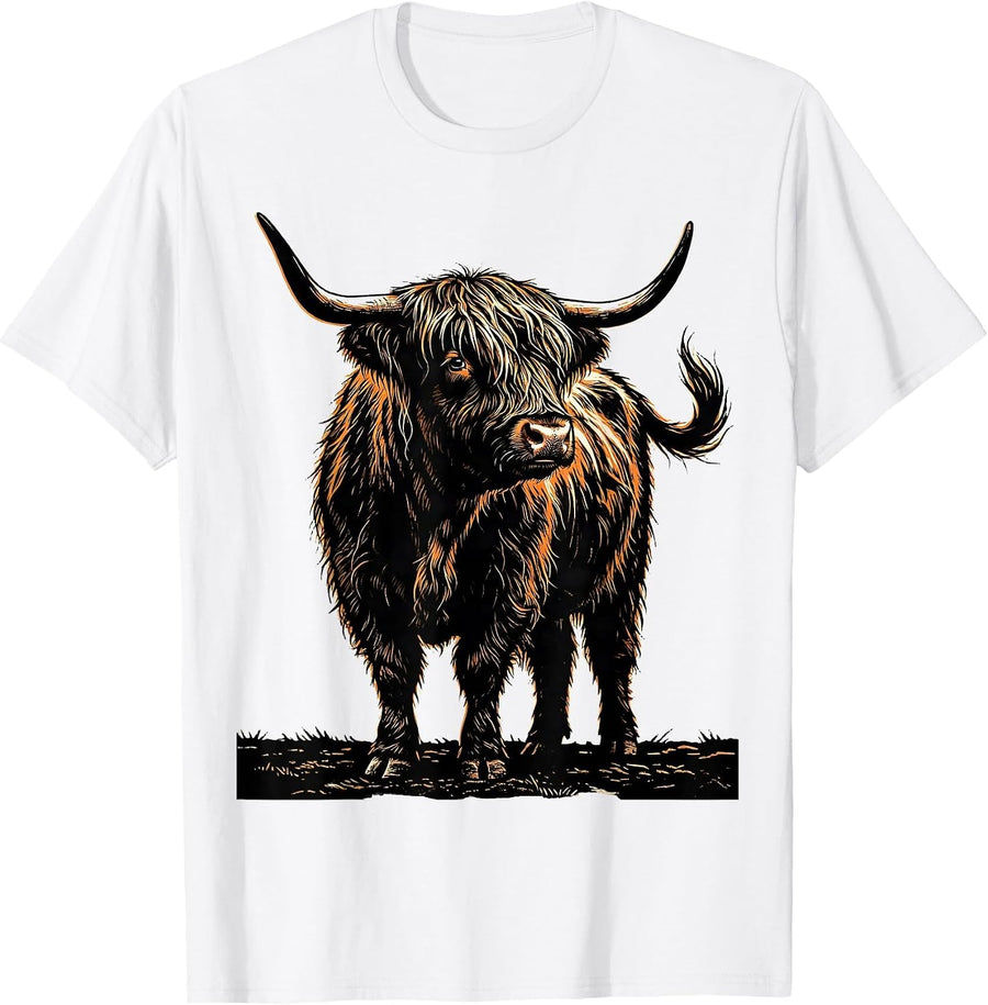 Men's Highland Cow Stencil Farm Animal Humor T-Shirt - White