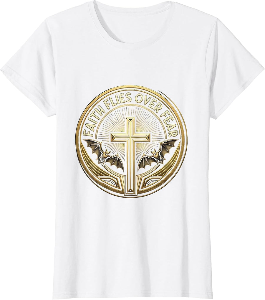 Women's Halloween Faith Over Fear Subtle Bats Design T-Shirt - White