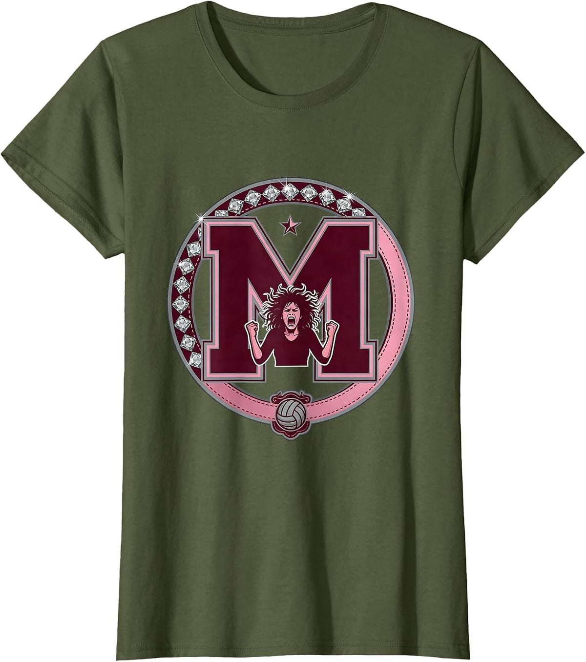 Women's Volleyball Mom Wild Hair Screaming Referee Graphic T-Shirt - Olive Green