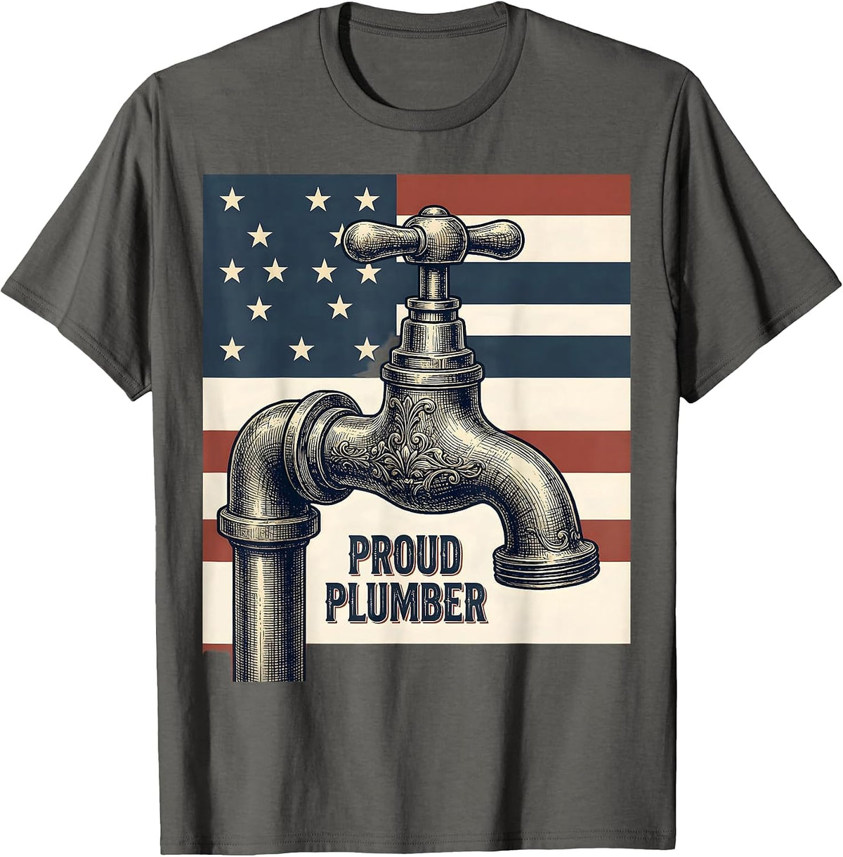 Proud Plumber Vintage American Flag Occupation Pride T-Shirt - Asphalt Grey