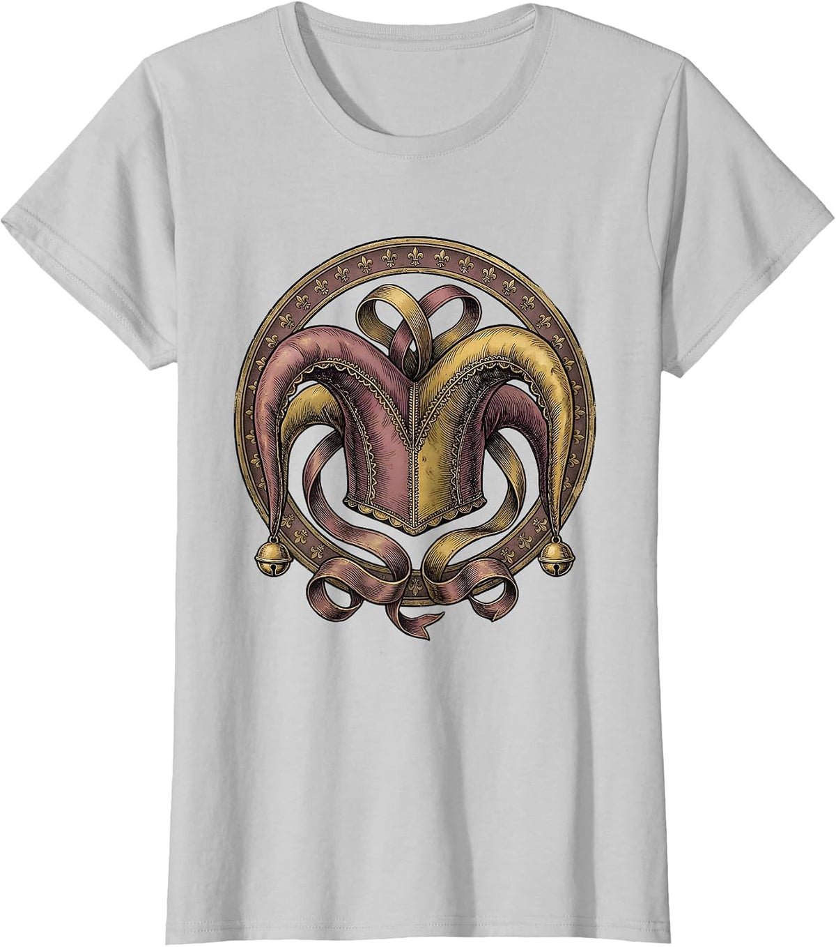 Women's Mardi Gras Jester Hat with Bells and Ribbons T-Shirt - Silver Grey