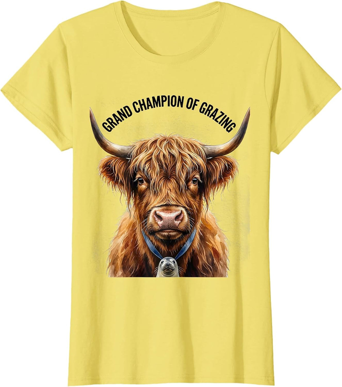 Grand Champion Of Grazing Funny Highland Cow Animal Lover T-Shirt - Lemon Yellow