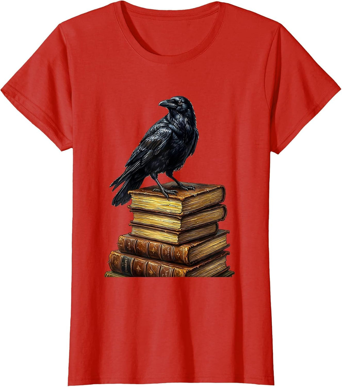 Crow on Stack of Old Books Illustration T-Shirt - Red