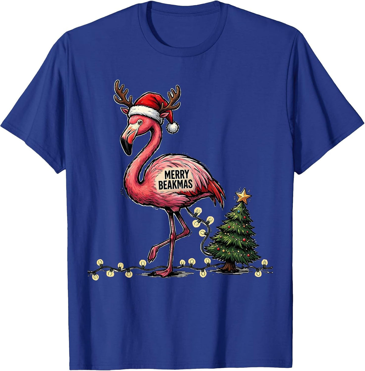 Men's Merry Beakmas Pink Flamingo Funny Christmas in July Novelty T-Shirt - Royal Blue