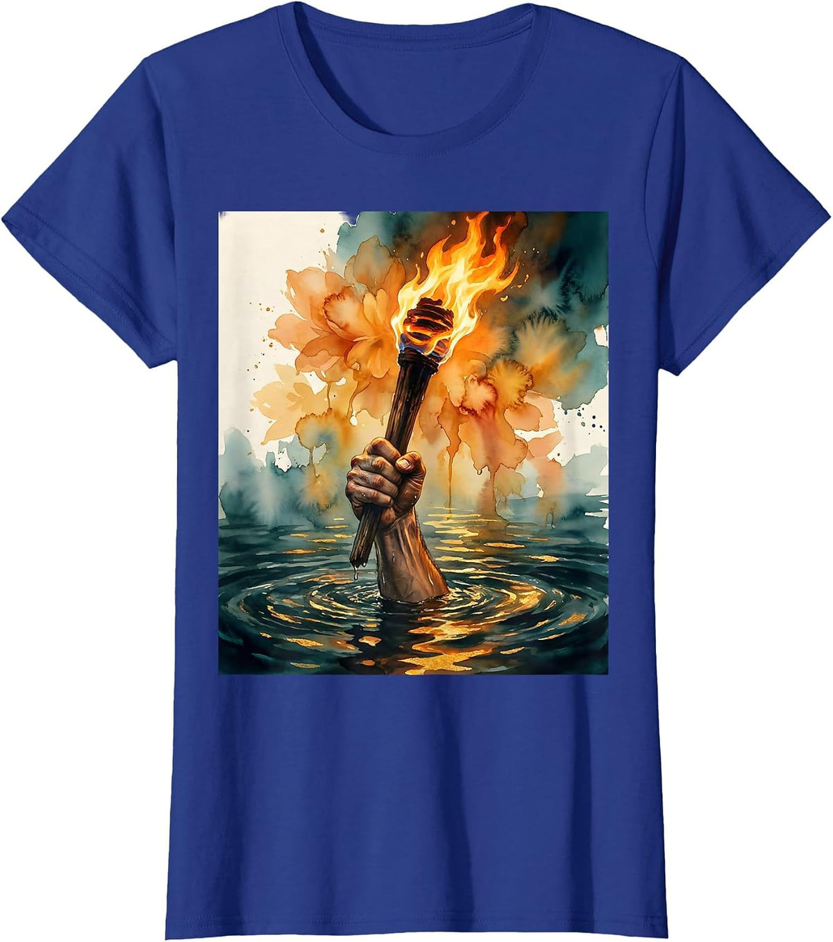 Women's Glowing Torch Over Water Faith Over Fear Graphic T-Shirt - Royal Blue