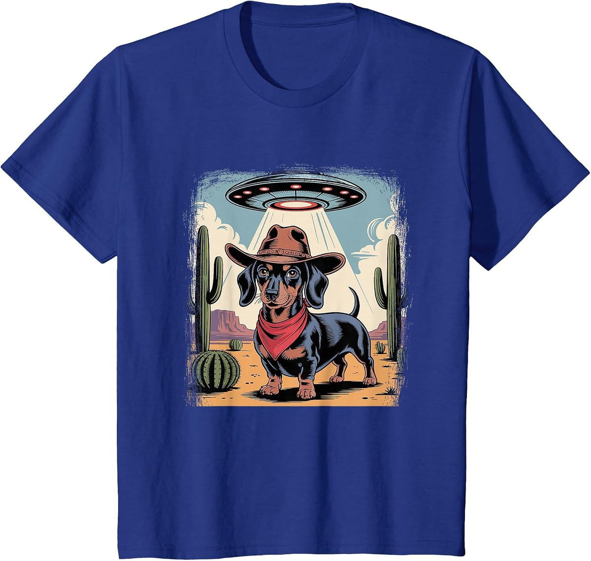 Alien Cowboy Dachshund Funny Wiener Dog UFO T-Shirt - Royal Blue