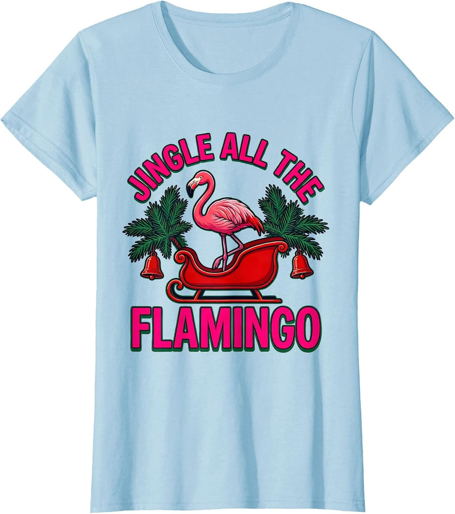 Women's Jingle All The Flamingo Funny Pink Flamingo Tropical T-Shirt - Baby Blue