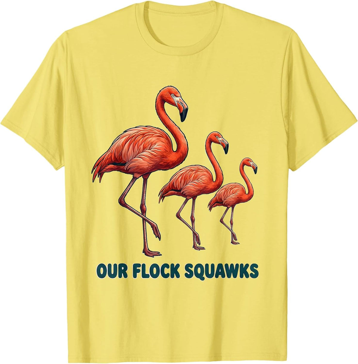 Men's Our Flock Squawks Funny Flamingo Novelty Bird Lover Gift T-Shirt - Lemon Yellow