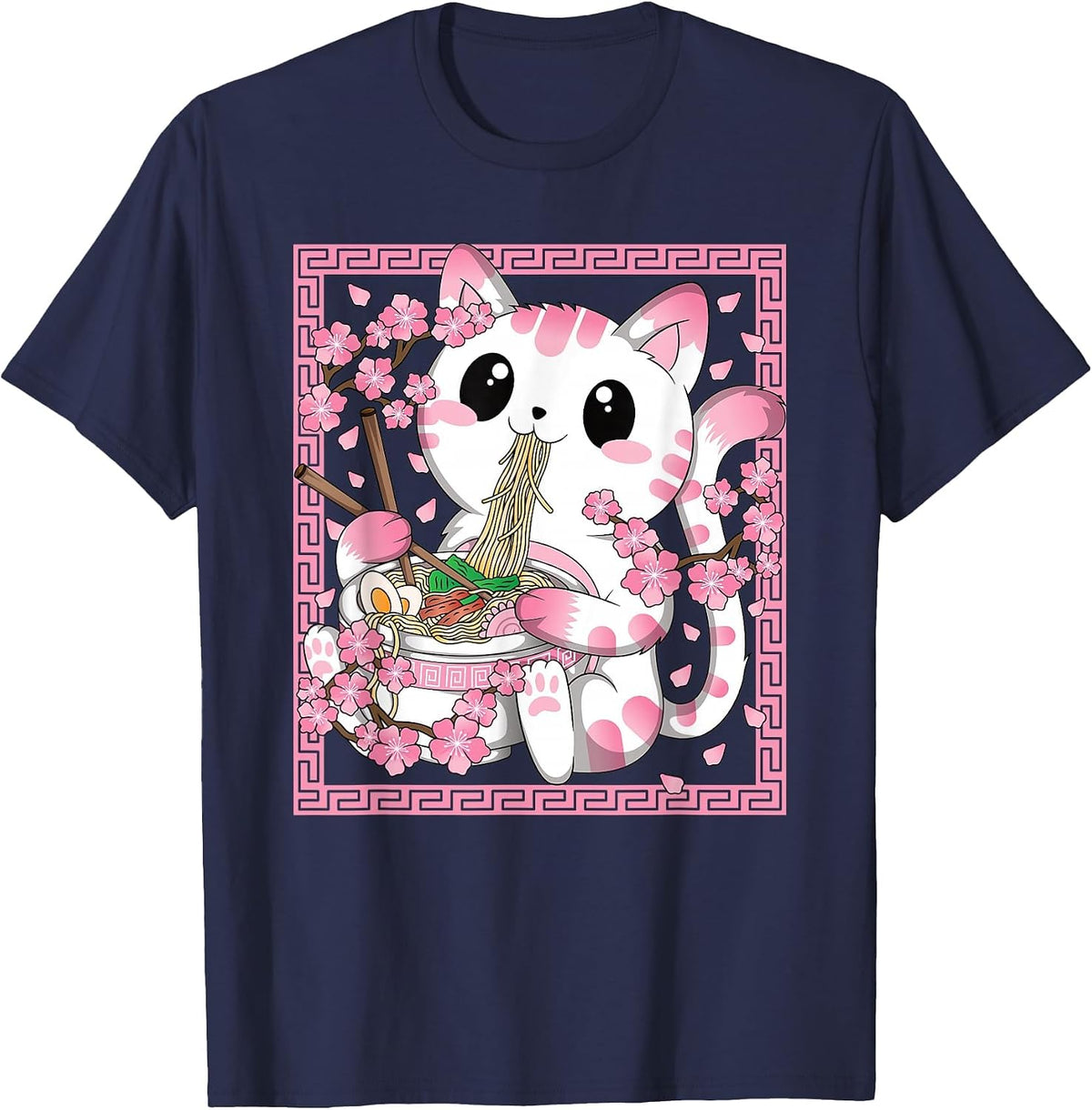 Kawaii Cat Ramen Anime Japanese Cherry Blossom Women Girls T-Shirt - Navy Blue