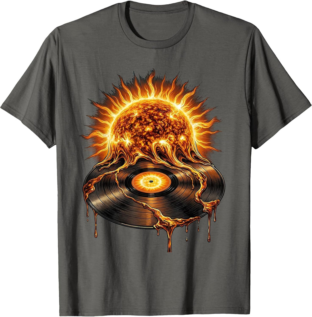 Sun Melting Into Vinyl Record Rock Music Graphic T-Shirt - Asphalt Grey