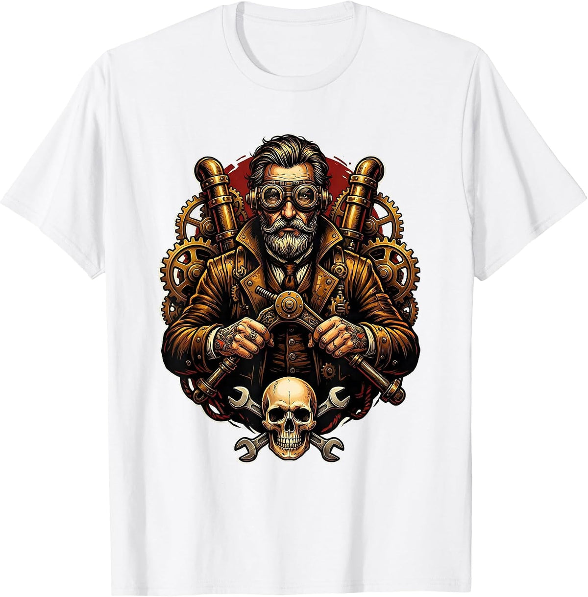 Men's Steampunk Scientist Lever Machine Illustration T-Shirt - White