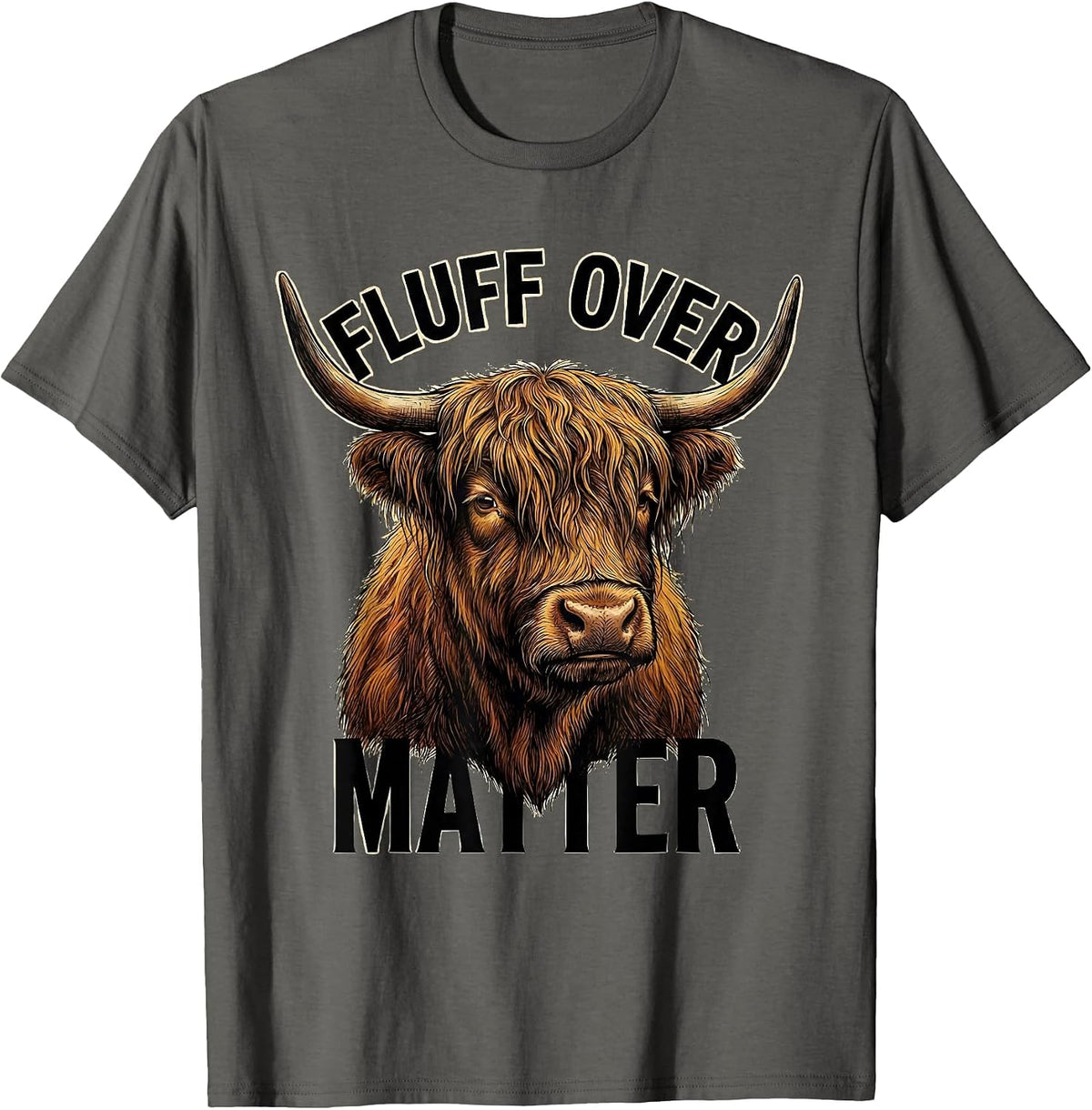 Men's Fluff Over Matter Funny Highland Cow Illustration T-Shirt - Asphalt Grey