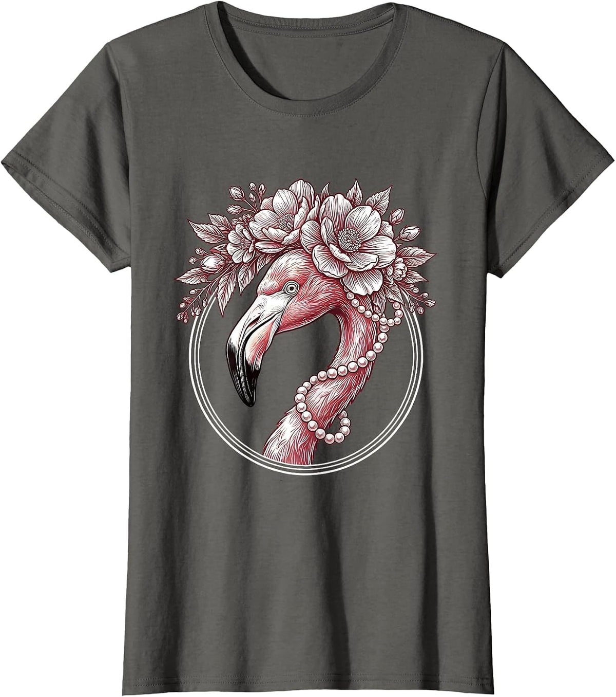 Women's Flamingo Floral Crown and Pearls Illustration T-Shirt - Asphalt Grey