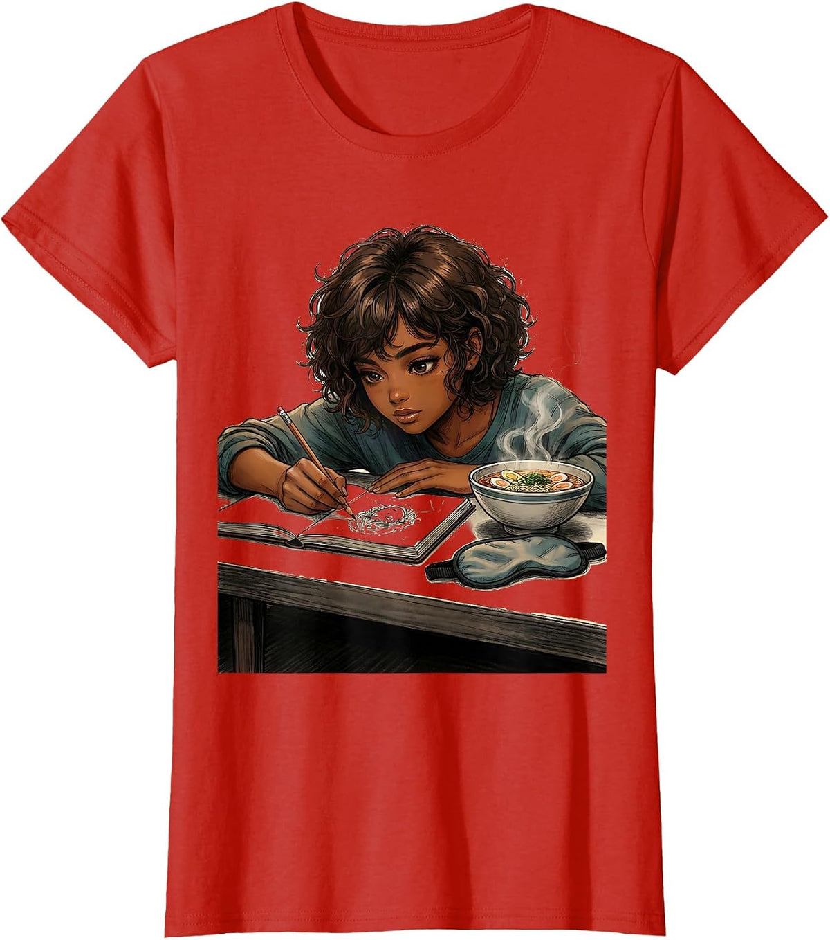 Anime Girl Afro Sketching Ramen Art Lover T-Shirt - Red