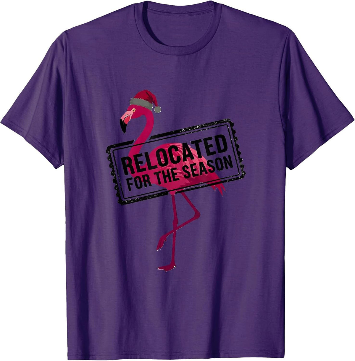 Men's Relocated For The Season Funny Pink Flamingo Santa Hat T-Shirt - Purple