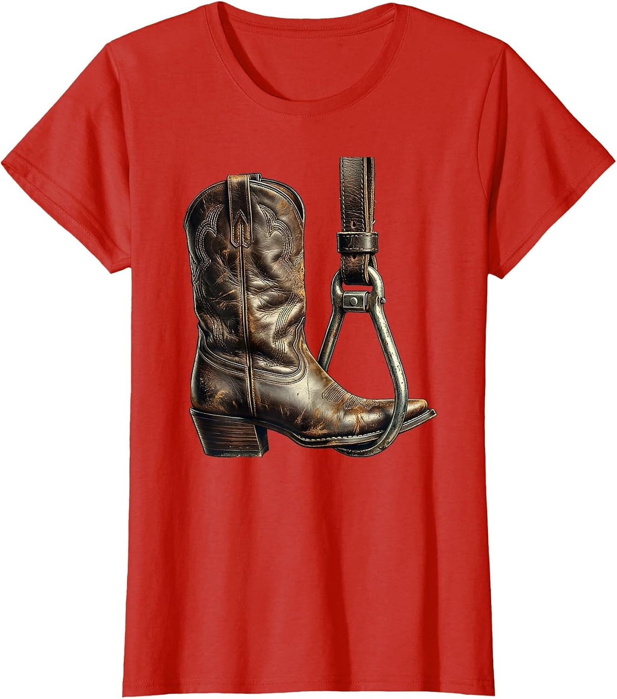 Cowgirl Boot Stirrup Western Riding Illustration T-Shirt - Red