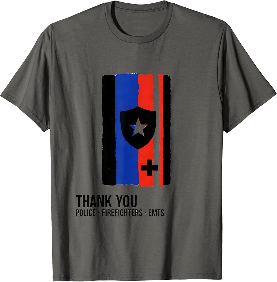 Thank You, Police, Firefighters, and EMTs Patriotic T-Shirt - Asphalt Grey
