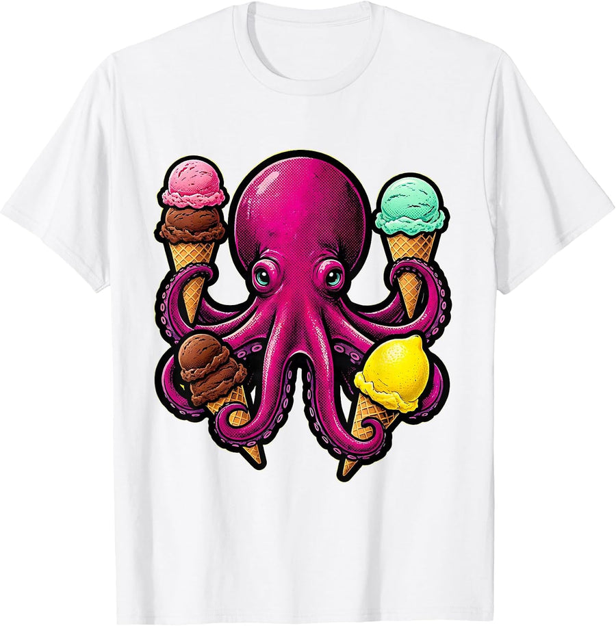 Men's Octopus Ice Cream Lover Funny Ocean Art T-Shirt - White