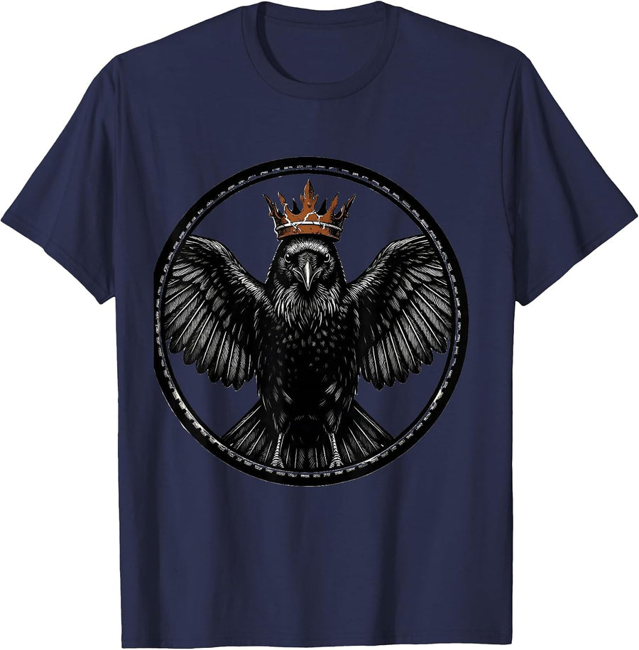 Crow Wearing Rusted Crown Illustration T-Shirt - Navy Blue