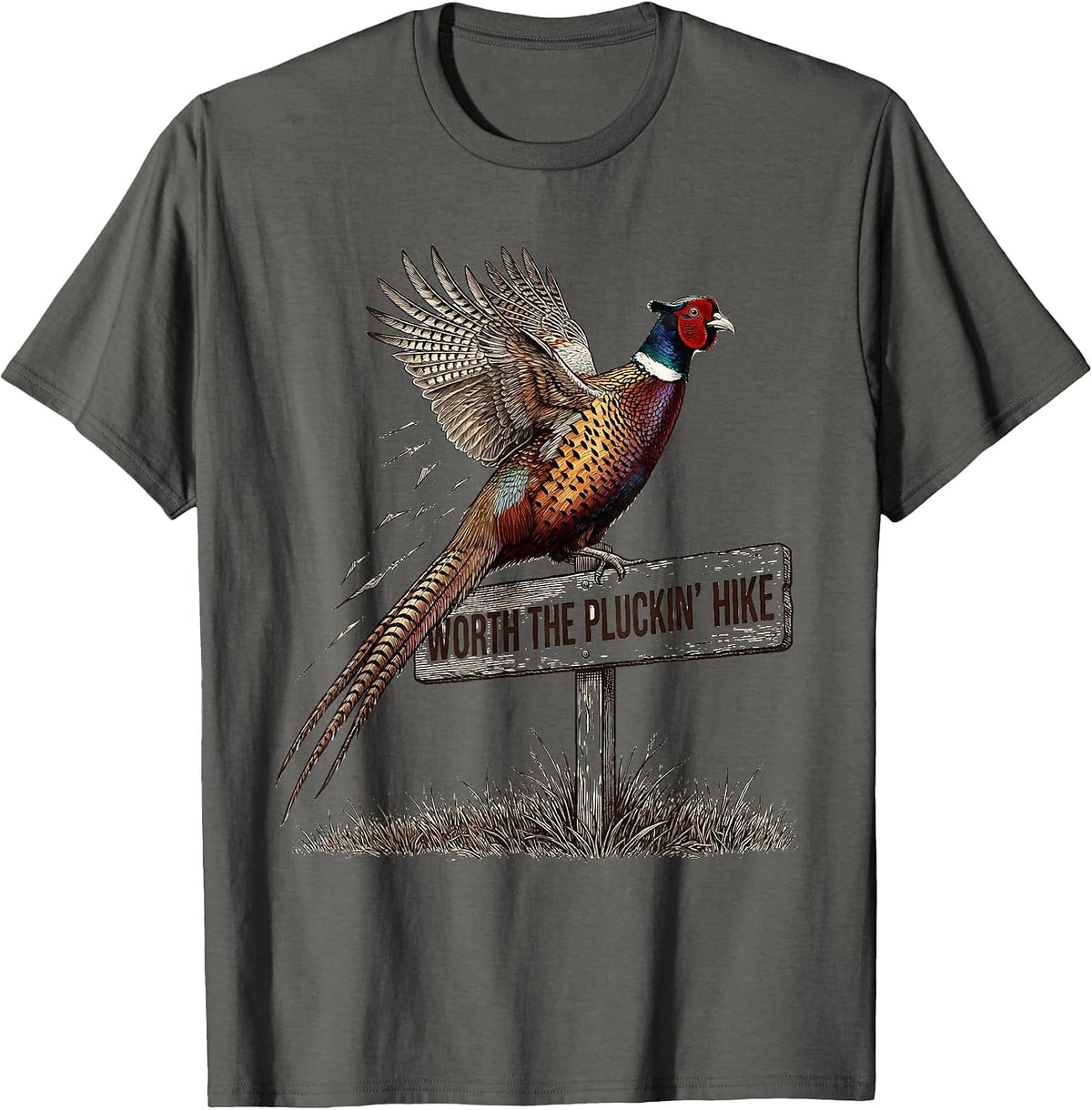 Worth The Pluckin' Hike Crosshatch Etching Pheasant Hunter T-Shirt - Asphalt Grey