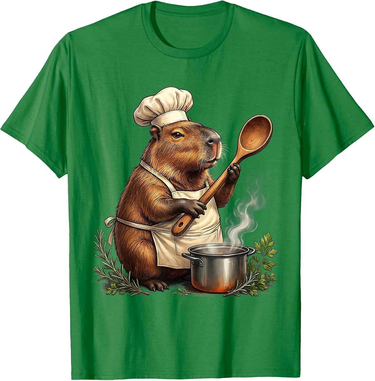 Men's Capybara Chef With Oversized Wooden Spoon T-Shirt - Kelly Green