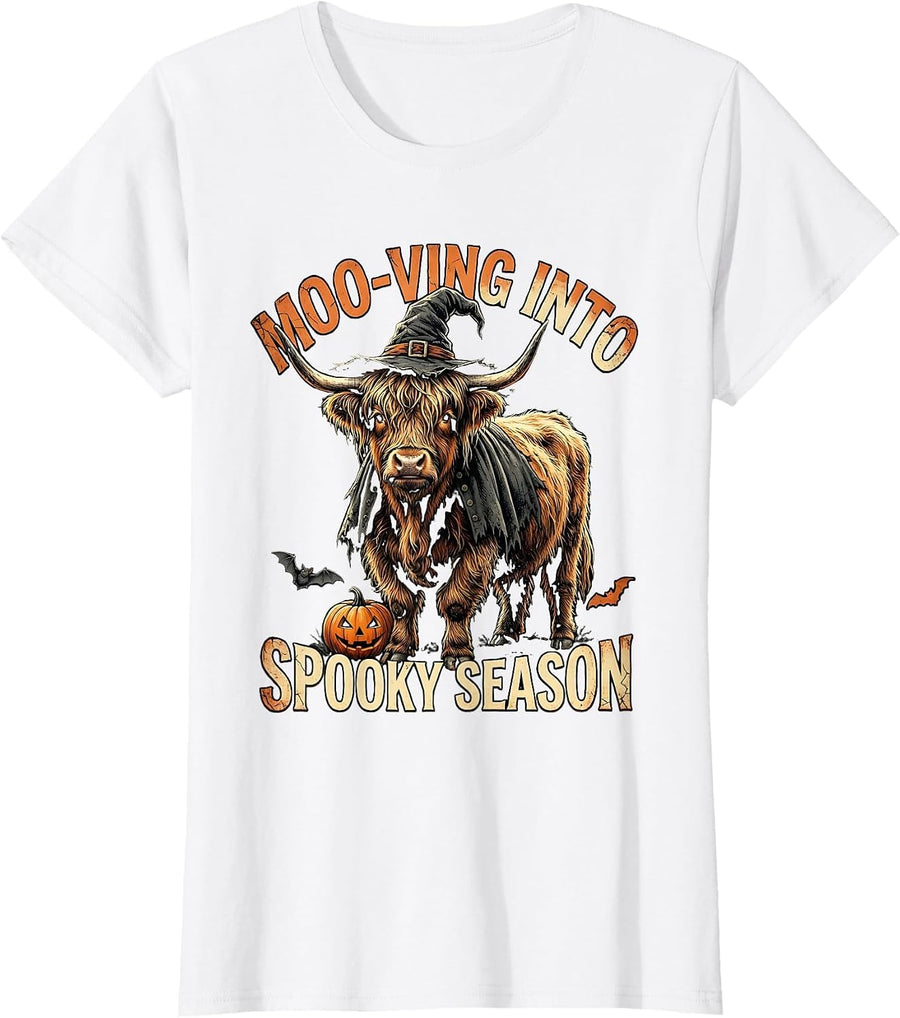 Women's Moo-ving Into Spooky Season Distressed Highland Cow T-Shirt - White