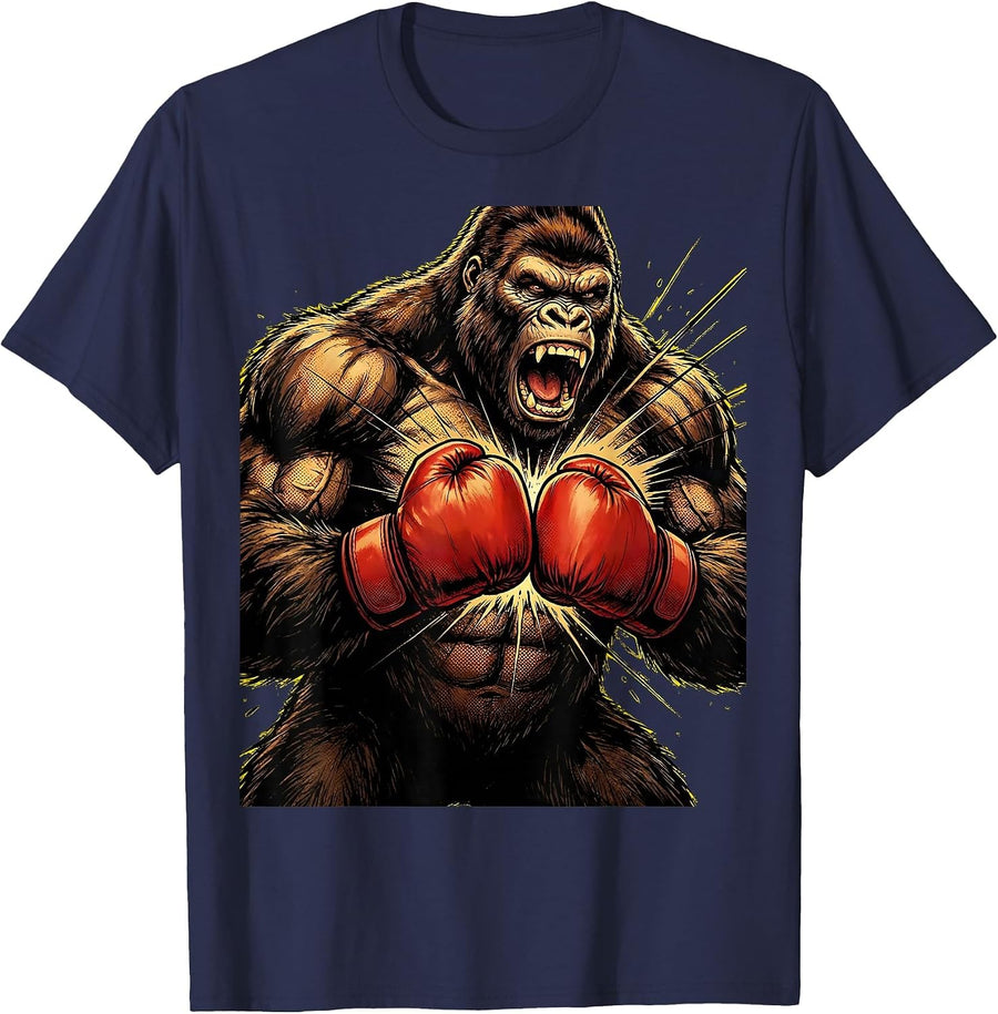 Gorilla Boxing Gloves Chest Beat Graphic T-Shirt - Navy Blue