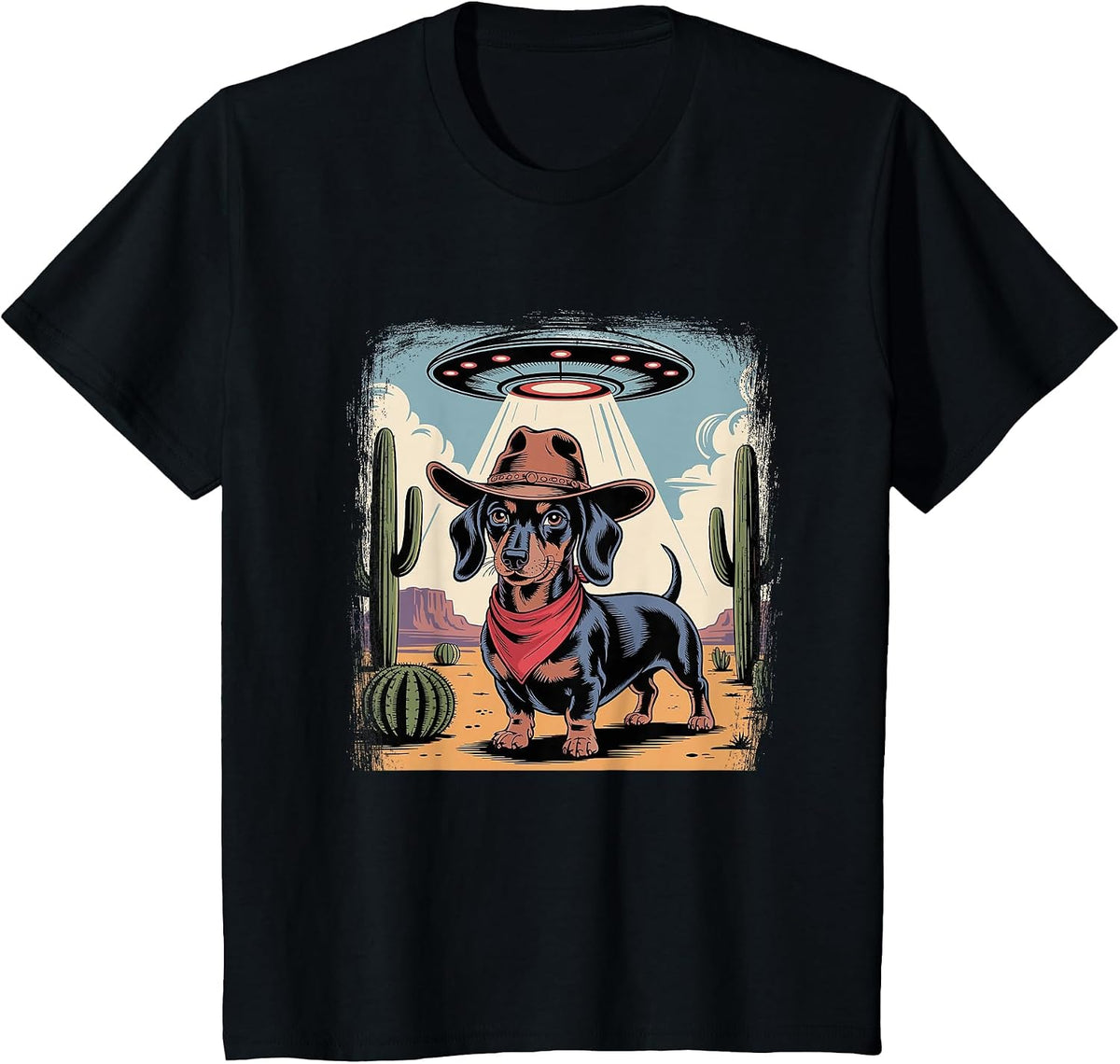 Alien Cowboy Dachshund Funny Wiener Dog UFO T-Shirt - Black