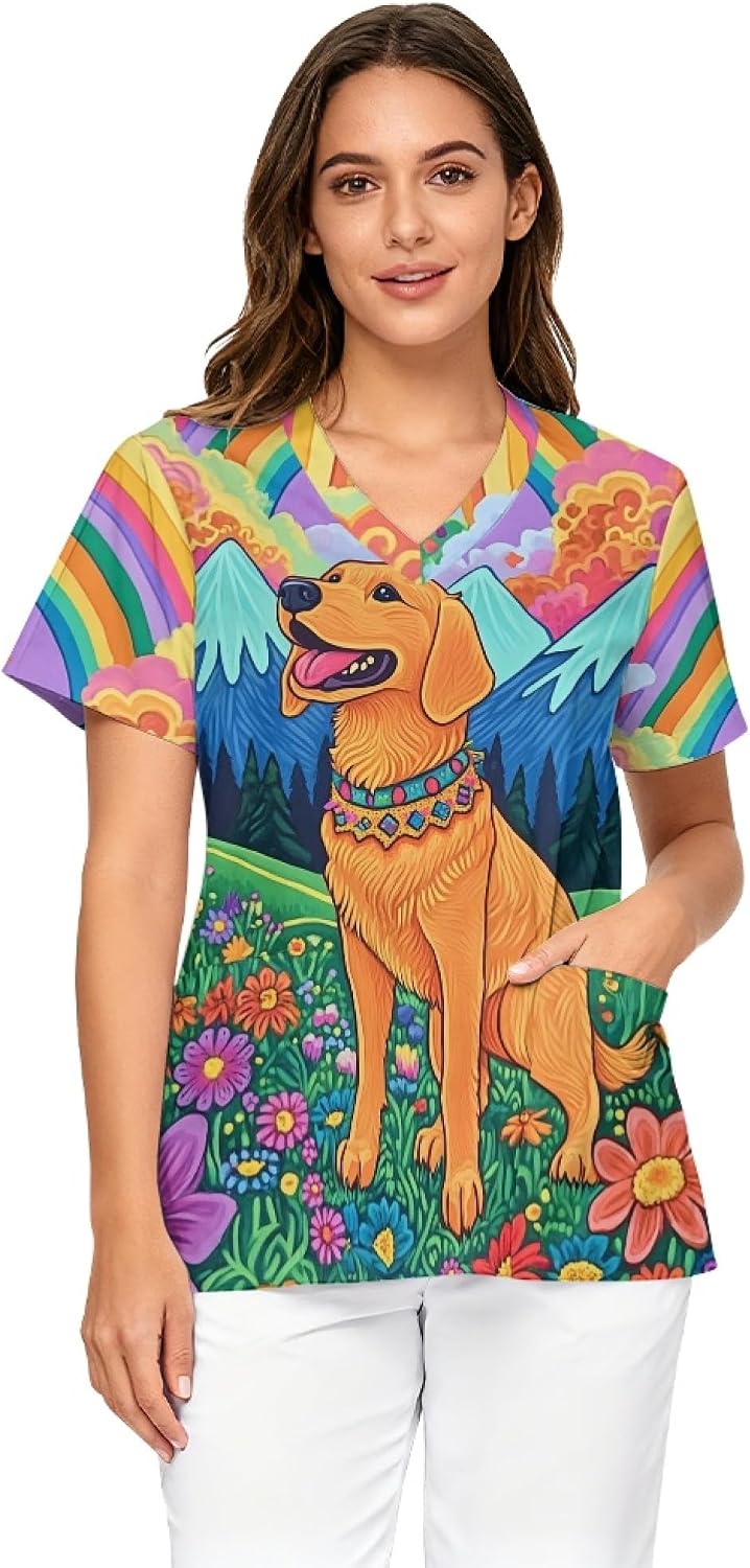 Hawapod Medical Work Top V Neck Short Sleeve Scrub tee for Women - Golden Retriever Flower