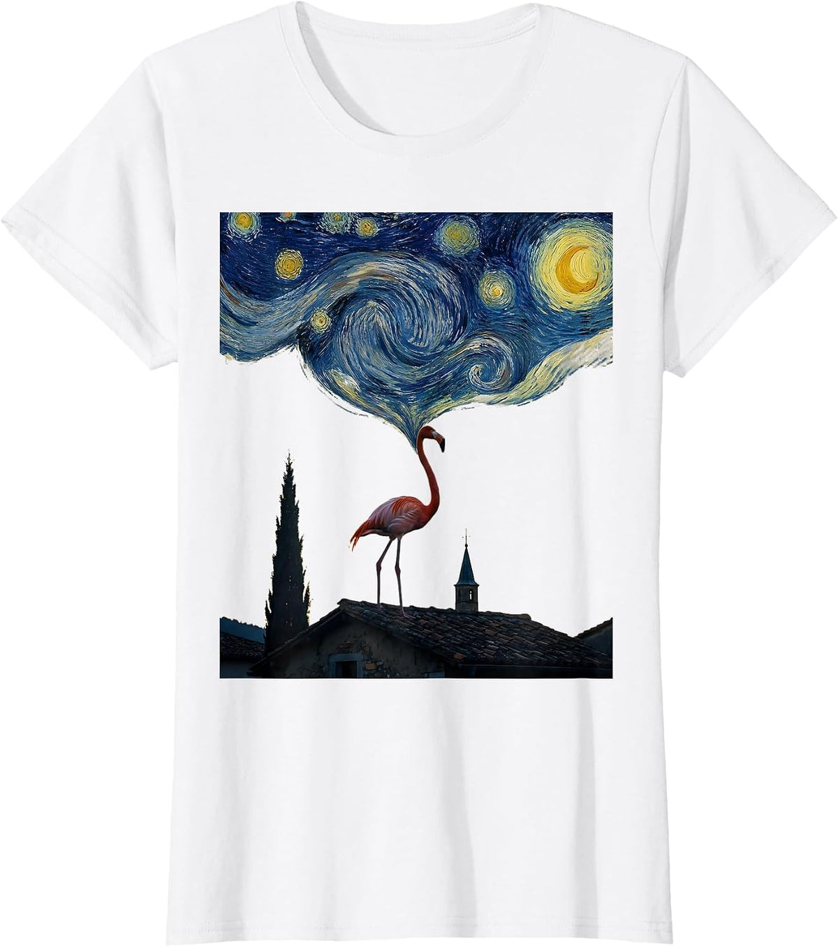 Flamingo Starry Night Minimalist Cat Lover Art Parody T-Shirt - White