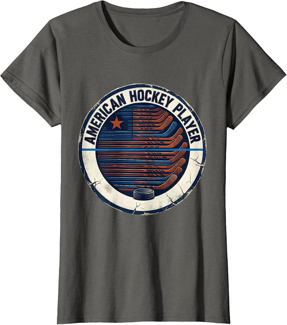 Women's American Hockey Player Distressed Ice Hockey Patriotic Fan T-Shirt - Asphalt Grey