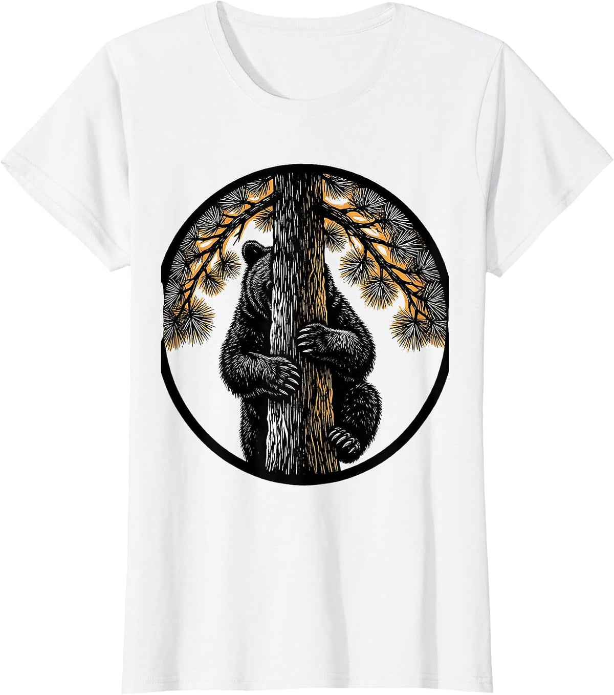 Bear Cub Climbing Pine Tree Nature Illustration T-Shirt - White