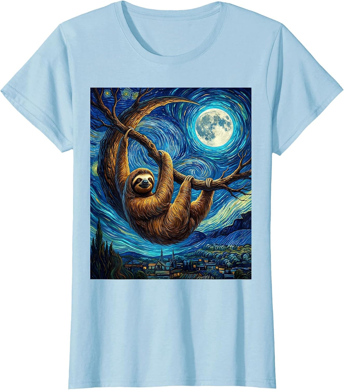 Sloth Starry Night Van Gogh Animal Lover Art Homage T-Shirt - Baby Blue