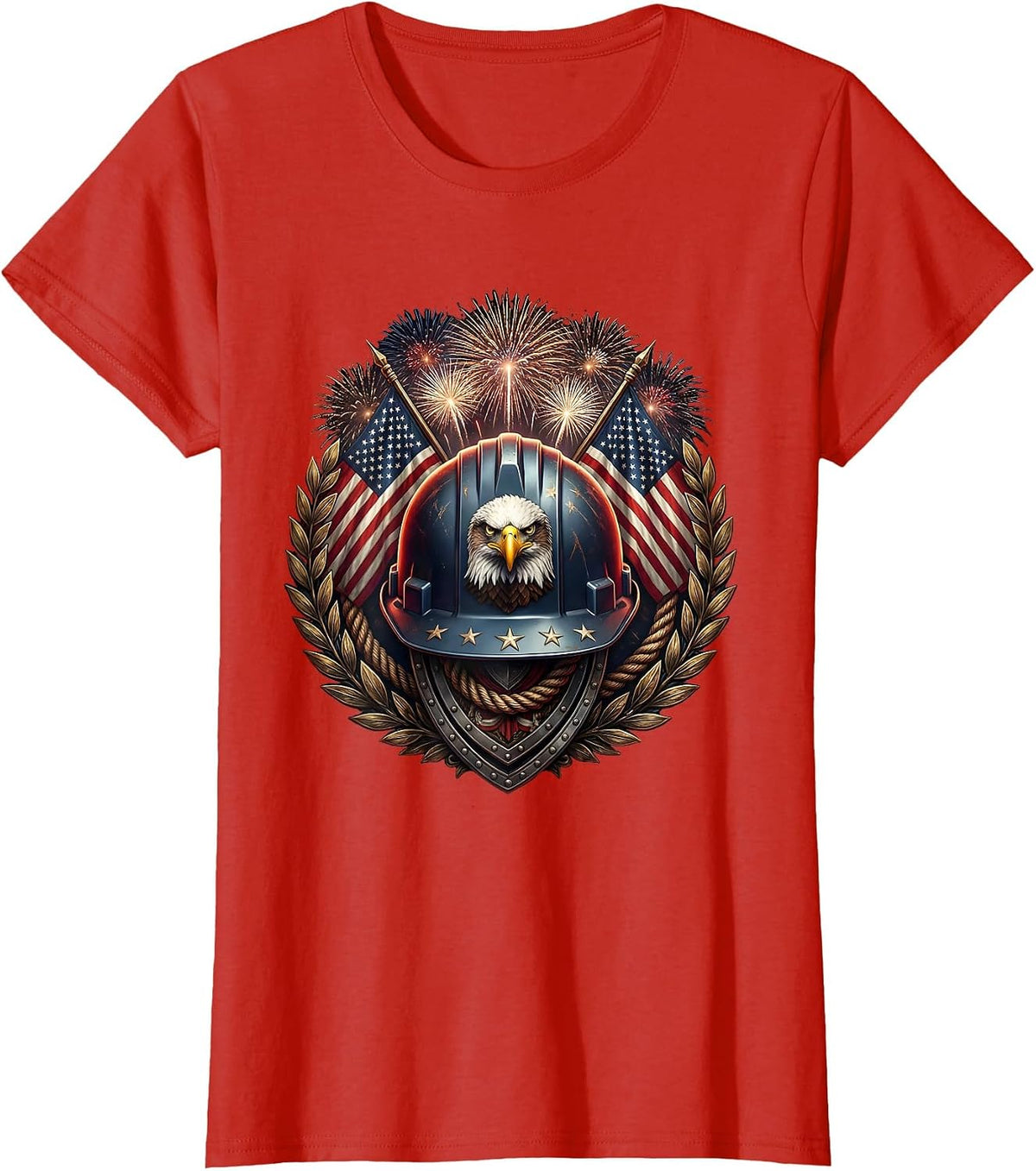 Stars and Stripes Hard Hat Labor Day Patriotic T-Shirt - Red