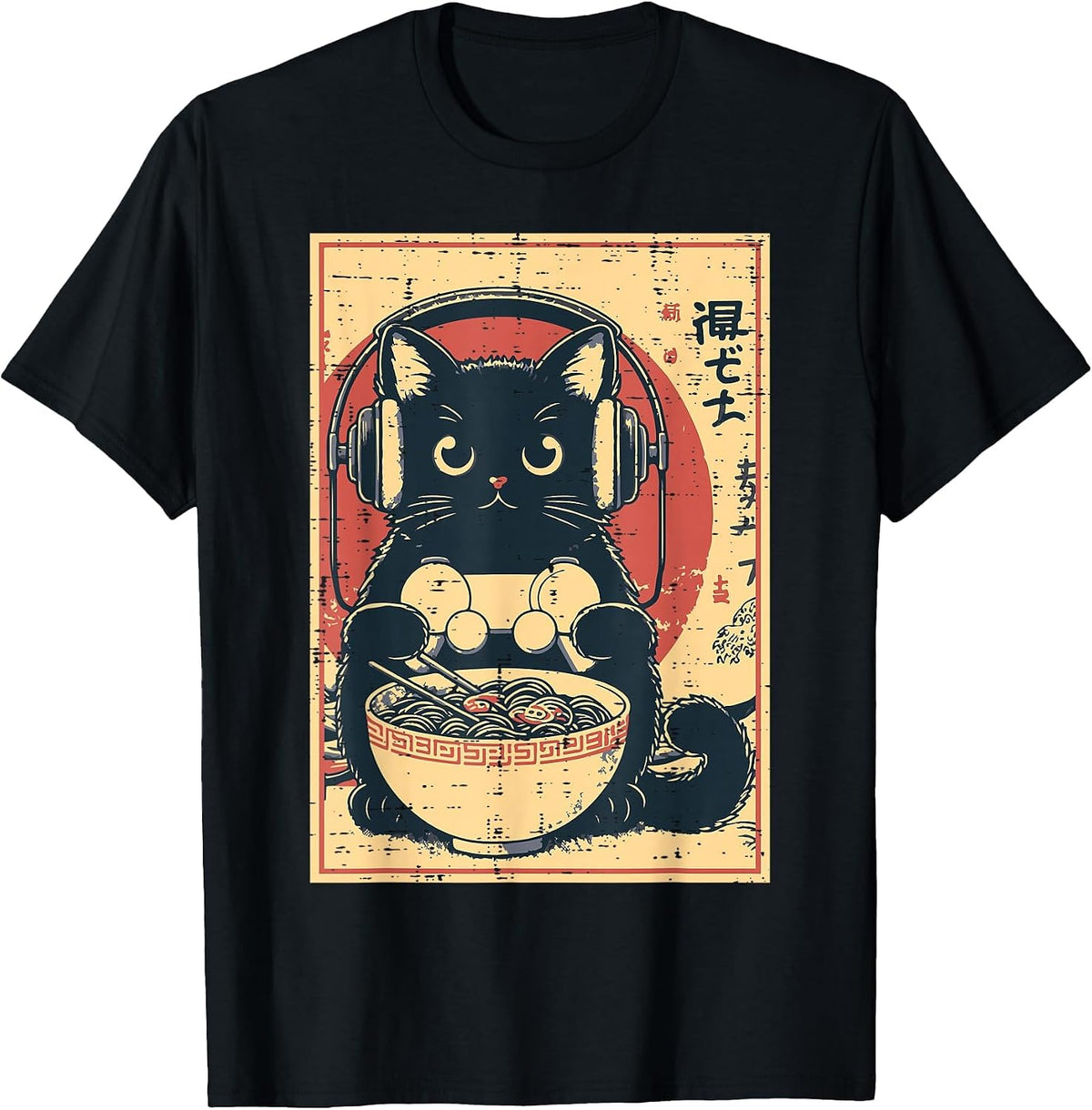 Japanese Cat Gamer Controller Ramen Gaming Art Men Boys Kids T-Shirt - Black