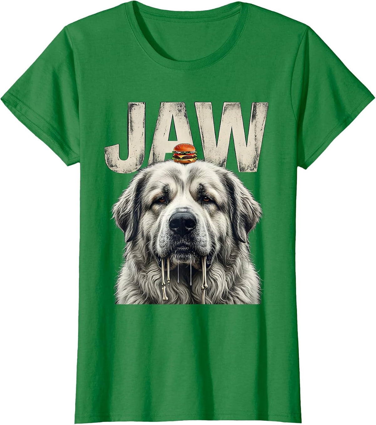 Women's JAW Funny Great Pyrenees Jowls Drooling Dog Mom Dad Burger T-Shirt - Kelly Green