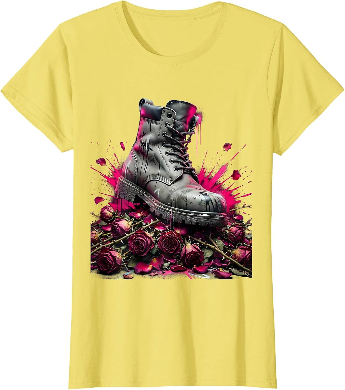 Combat Boot Crushing Dead Roses Graphic T-Shirt - Lemon Yellow
