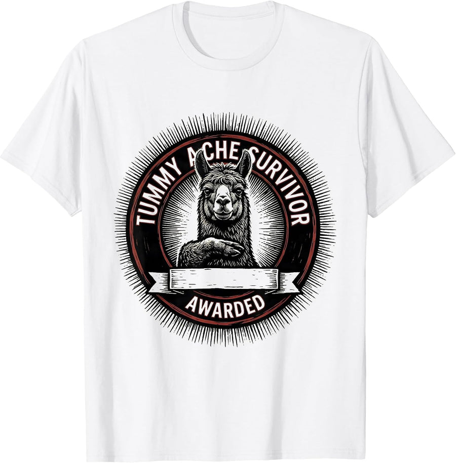 Men's Tummy Ache Survivor Awarded Funny Cat Meme Humor T-Shirt - White
