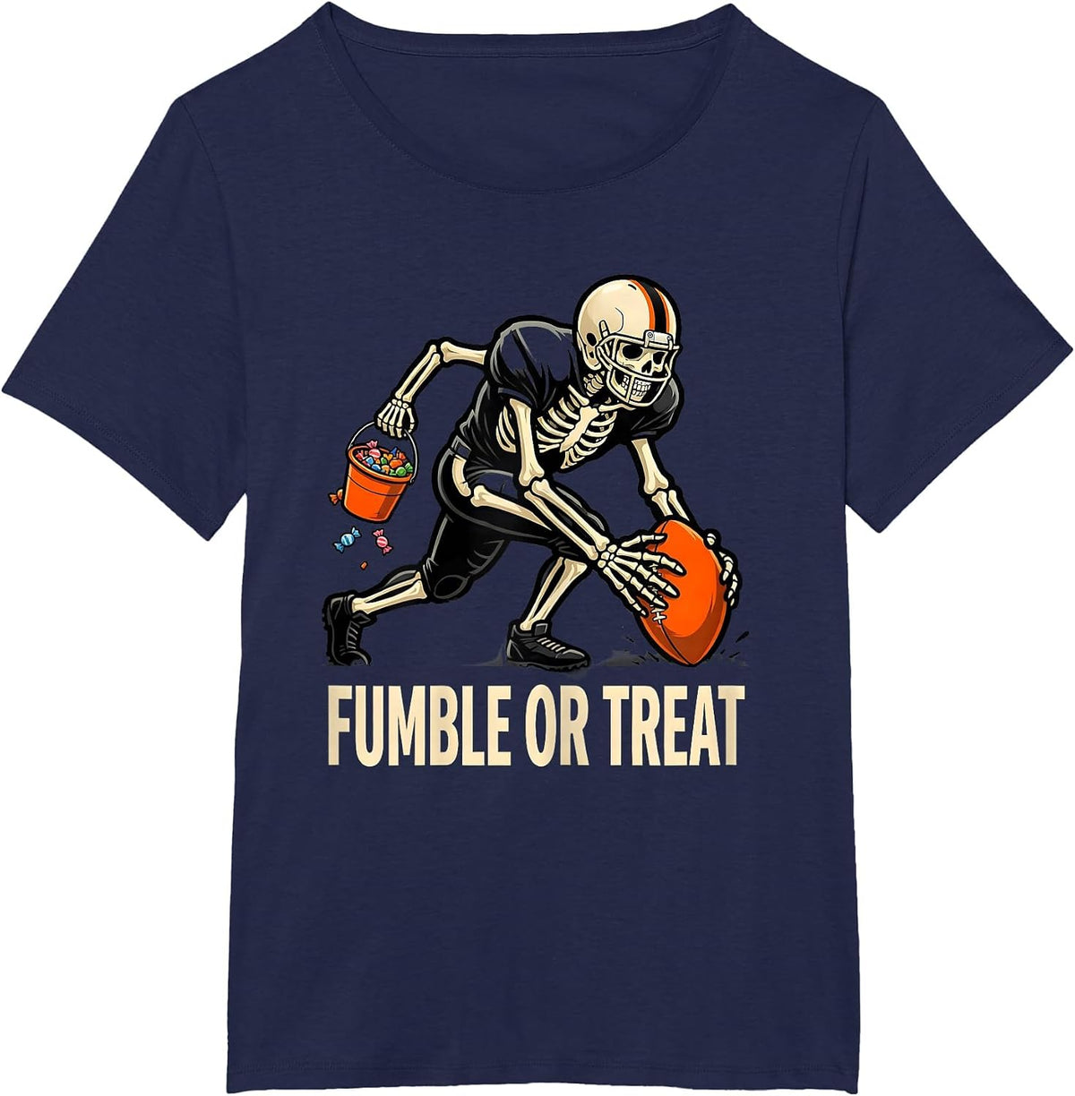 Women's Fumble Or Treat Cartoon Skeleton Football Halloween Costume T-Shirt - Navy Blue