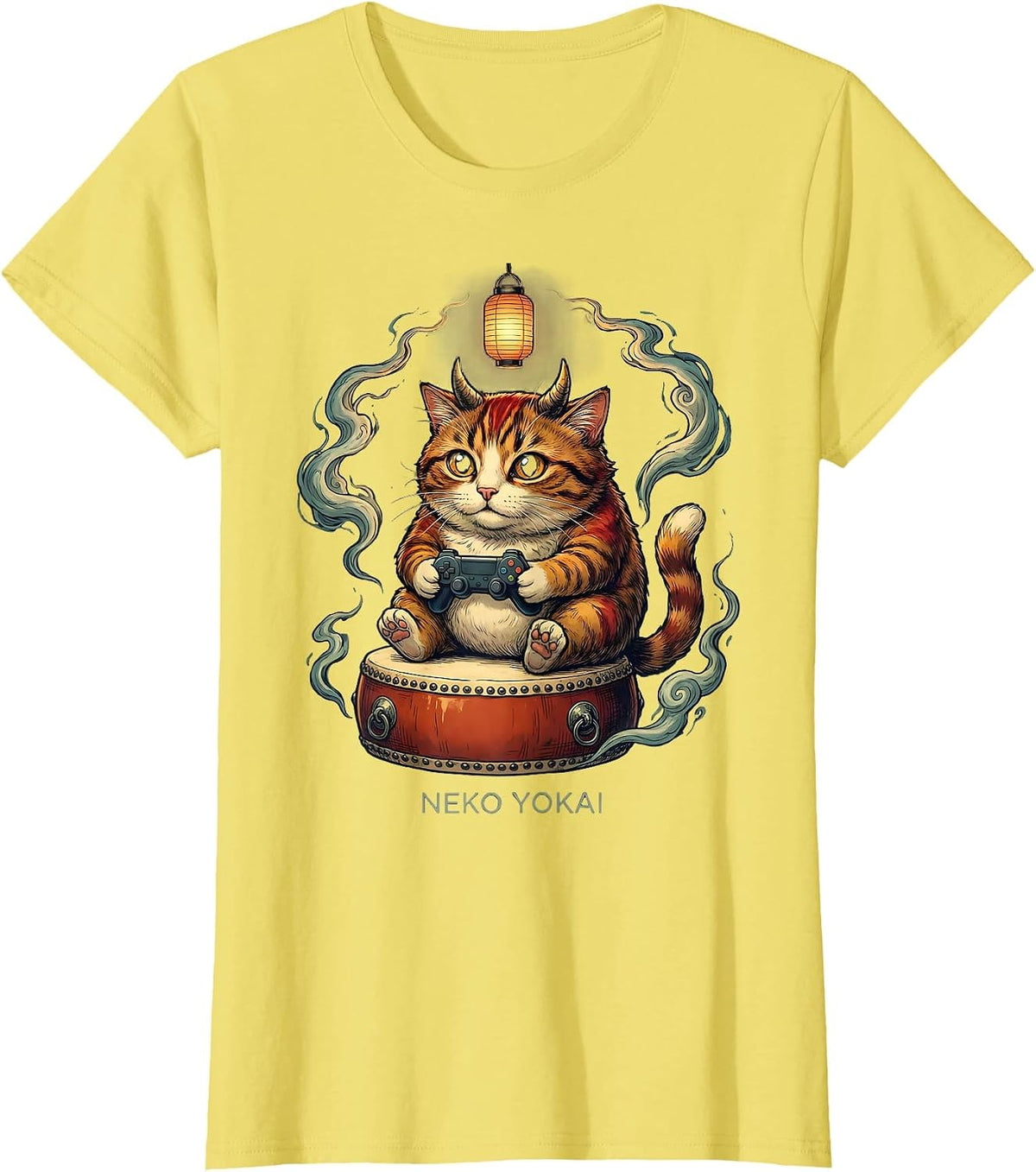 Women's Neko Yokai Funny Cat Anime Gaming Ramen Cat Lover T-Shirt - Lemon Yellow