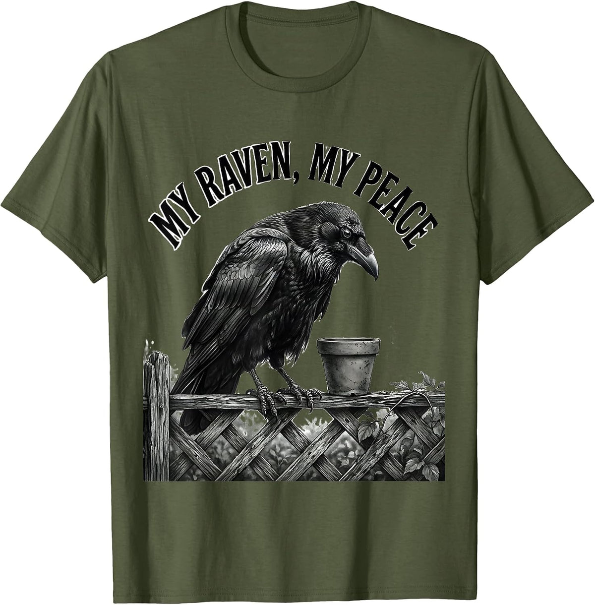 Men's My Raven My Peace Gothic Crow Humor Dark Humor Bird Lover T-Shirt - Olive Green