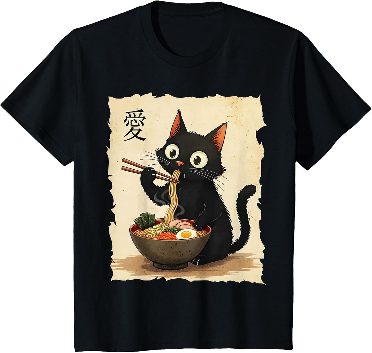 Cute Anime Cat Eating Ramen Japanese Noodle Graphic Art T-Shirt - Black