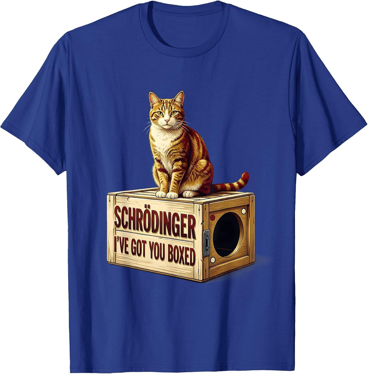 Men's Schrödinger, I’ve Got You Boxed Funny Quantum Physics Cat T-Shirt - Royal Blue