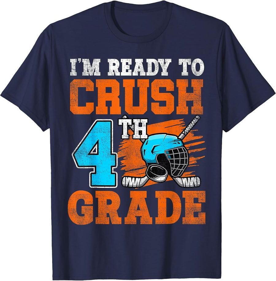 I'm Ready to Crush 4th Grade Hockey Kids Back to School T-Shirt - Navy Blue