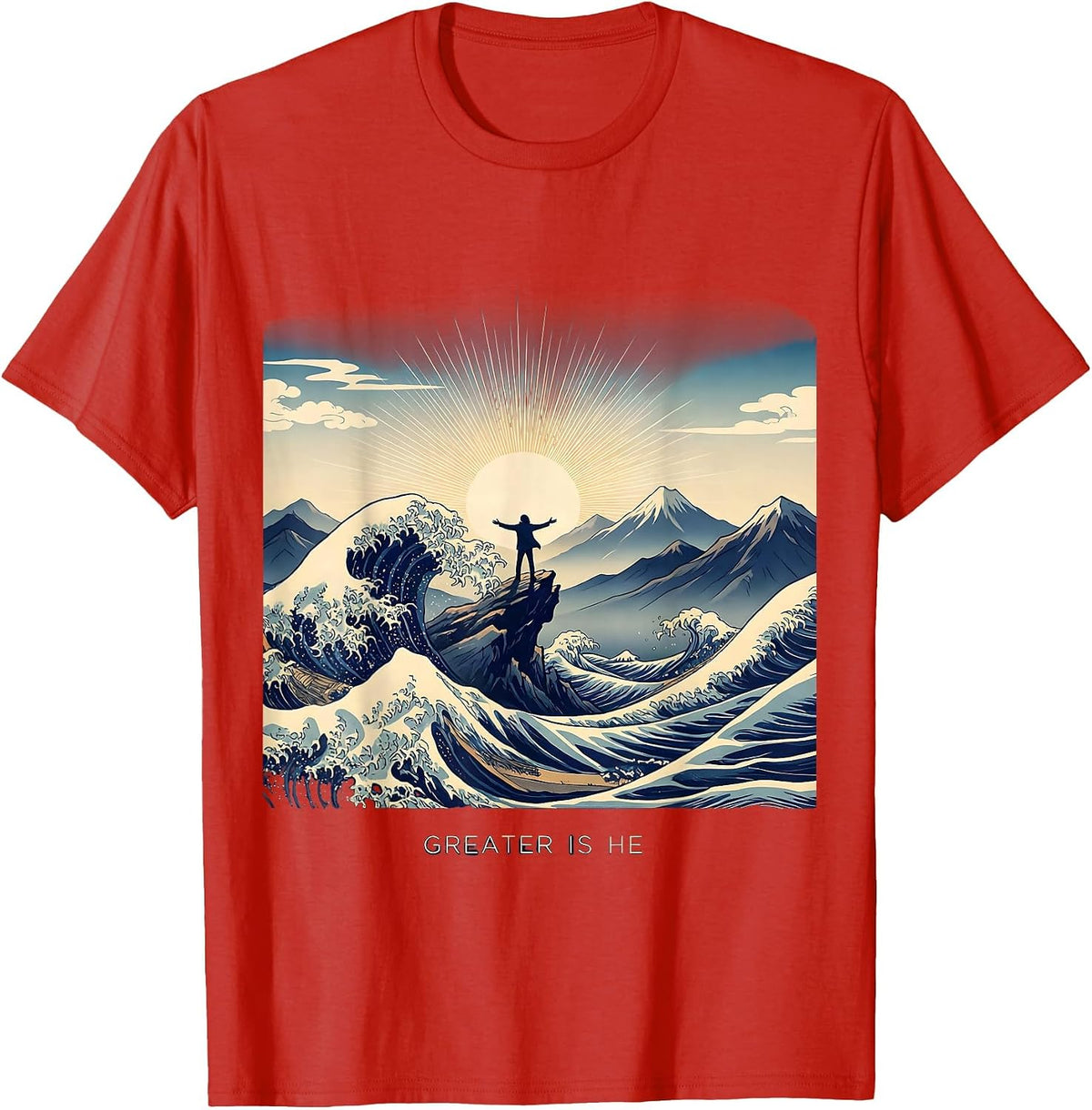 Men's Greater Is He Faith Over Fear Inspirational Design T-Shirt - Red